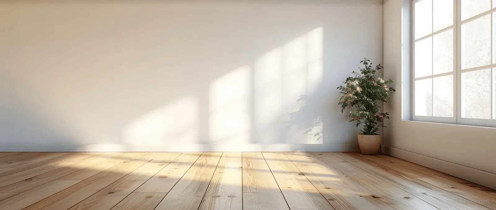 Empty minimalist room with wooden floor, white walls, and soft daylight entering through a large window.