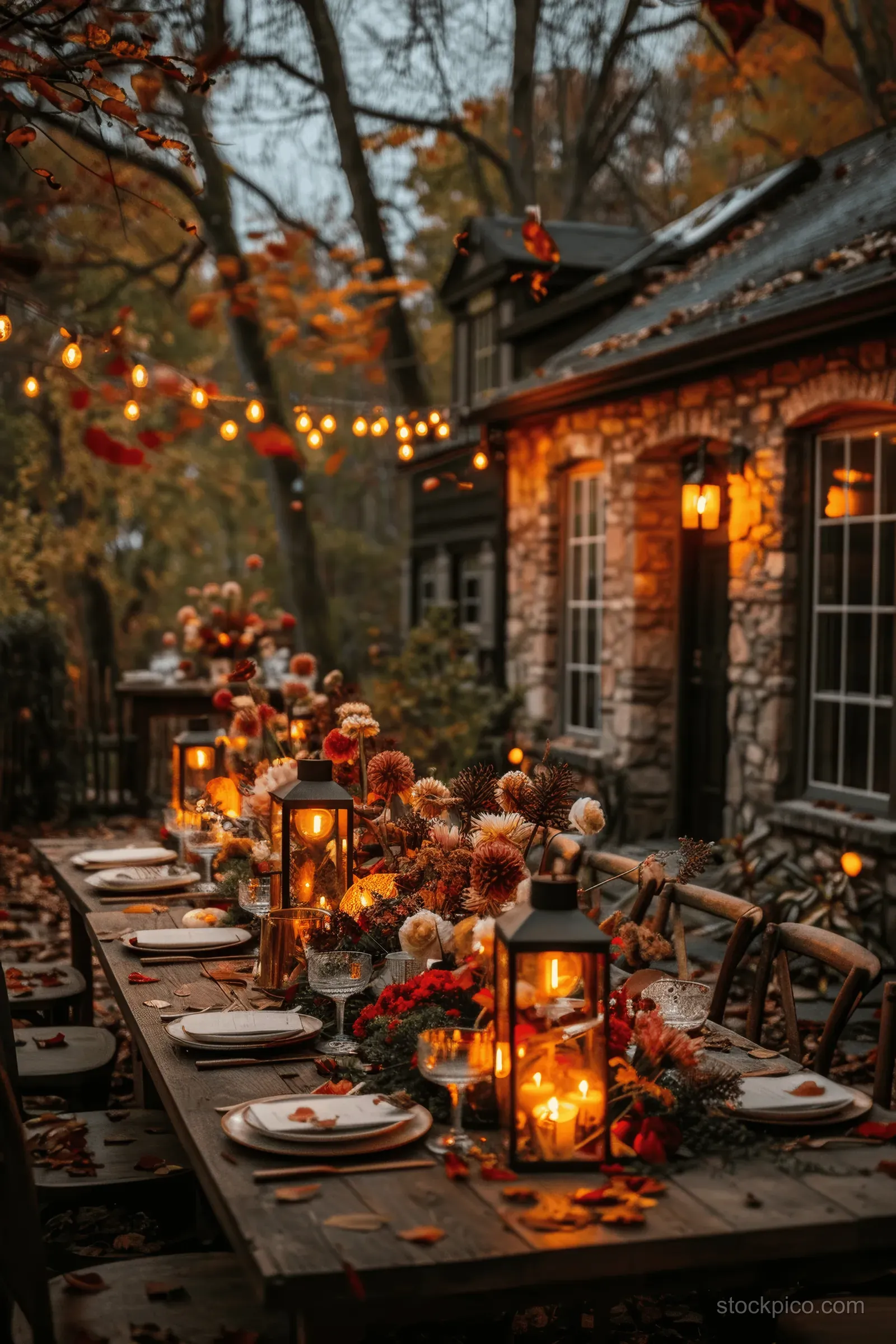 Rustic outdoor dinner table at night with lanterns and string lights glowing along a yard patio.