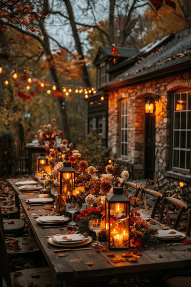 Rustic outdoor dinner table at night with lanterns and string lights glowing along a yard patio.