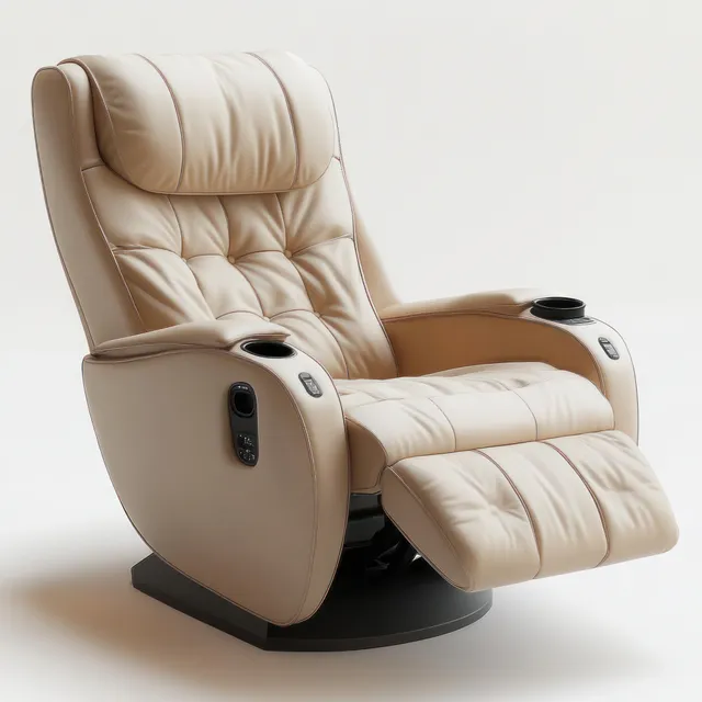 Beige leather recliner chair with arm cup holders and a remote controller, isolated on a white background.