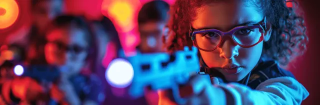 A focused child aims a neon laser tag blaster in a dark arena with colorful light beams.