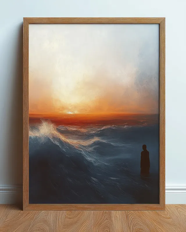 Wooden-framed seascape painting on a wall showing stormy waves at sunset and a lone standing silhouette.