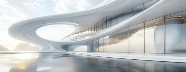 Curved white futuristic interior hall with concrete floor and long glass windows glowing with sunlight.