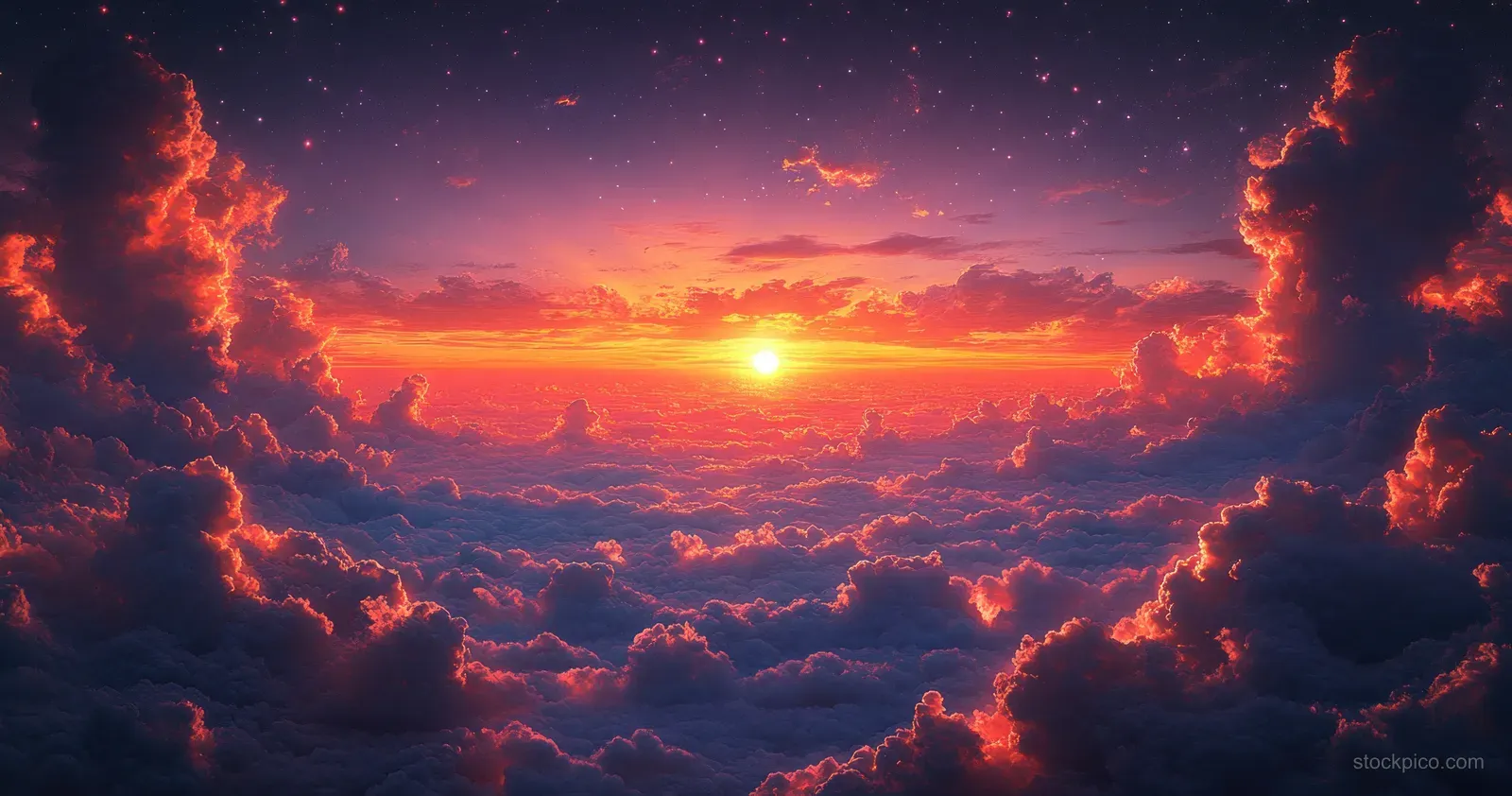 An airplane wing is seen against a glowing sunset sky with orange and purple clouds.