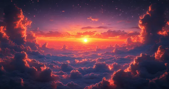An airplane wing is seen against a glowing sunset sky with orange and purple clouds.