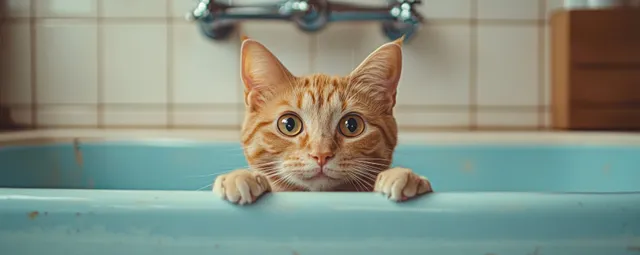 Orange tabby cat peeking over the edge of a blue bathtub in a tiled bathroom with wide eyes.