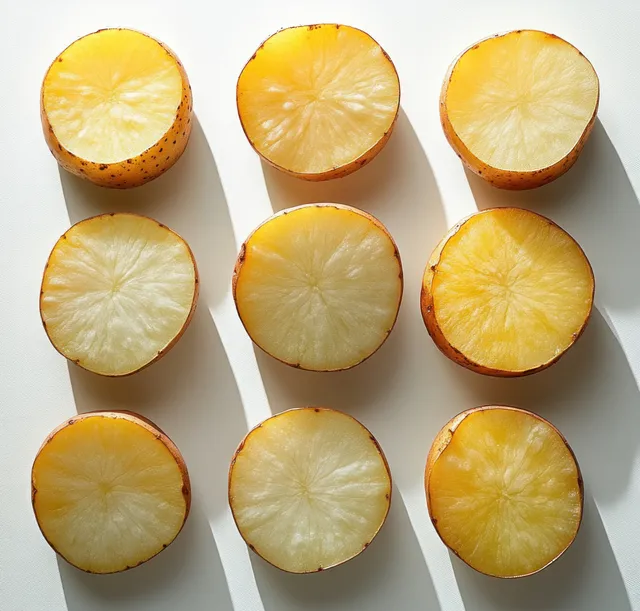 Top-down view of several halved potatoes arranged in rows on a white background.