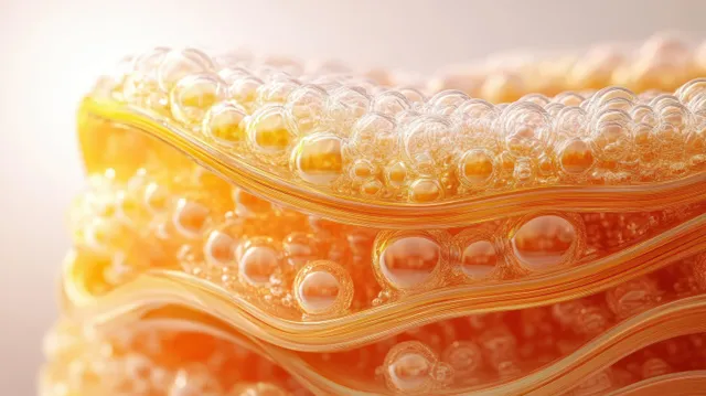 Translucent bubbles trapped in wavy orange and yellow gel layers forming a 3D collagen serum look.