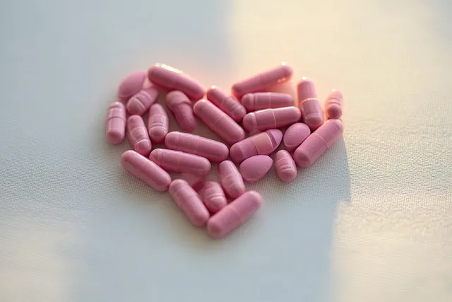 Pink capsules and tablets scattered on a soft fabric surface under gentle light.