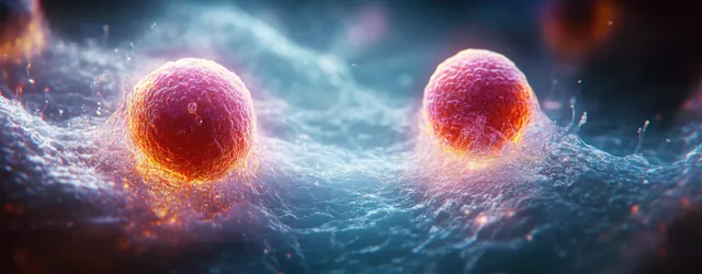 Glowing round tumor cells hover amid luminous microscopic textures, suggesting cell division in a biological study scene.