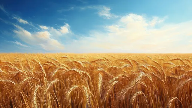 Golden wheat stalks sway across an autumn field under a bright blue sky.