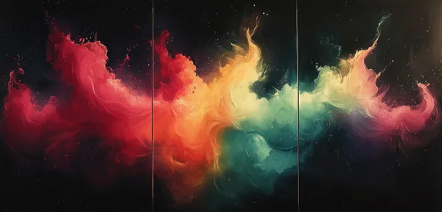 Triptych watercolor splash cloud with red orange green hues on dark textured background