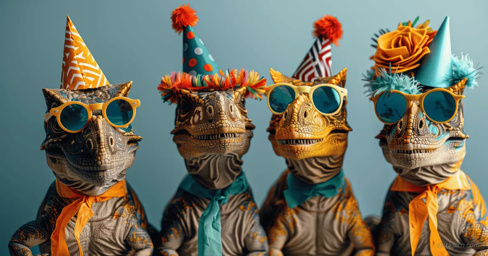 Four dinosaur characters pose wearing party hats and gold sunglasses with colorful confetti decorations on a light blue background.