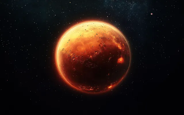 Mars planet illustration floating in dark space with glowing red-orange rim light