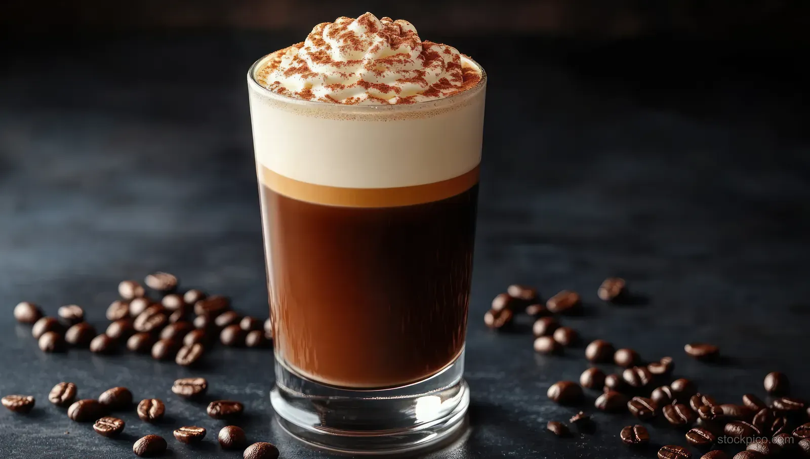 A layered coffee drink with whipped cream and cocoa powder sits in a tall glass among scattered coffee beans on a dark background.