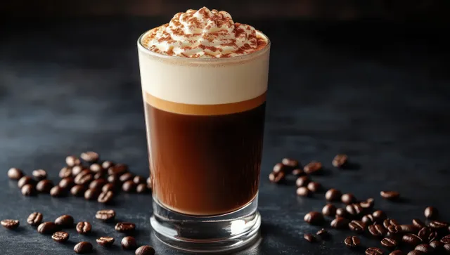 A layered coffee drink with whipped cream and cocoa powder sits in a tall glass among scattered coffee beans on a dark background.