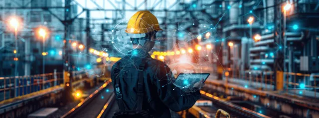 Engineer in subway control room reviewing glowing electric network data on tablet