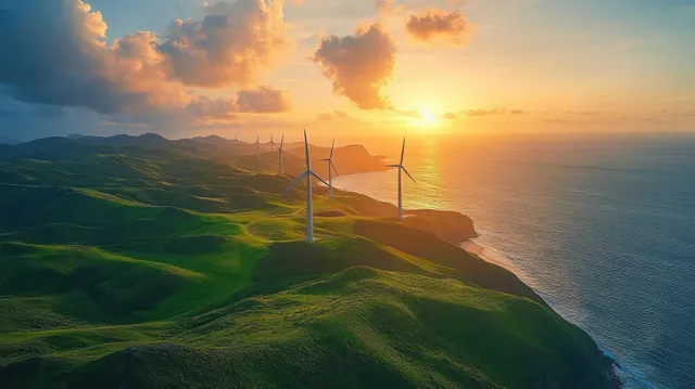 Sunset casts golden light over coastal green hills with wind turbines and dramatic clouds