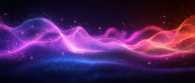 Neon purple and orange glowing particles form a smooth wave ripple across a dark cosmic background.
