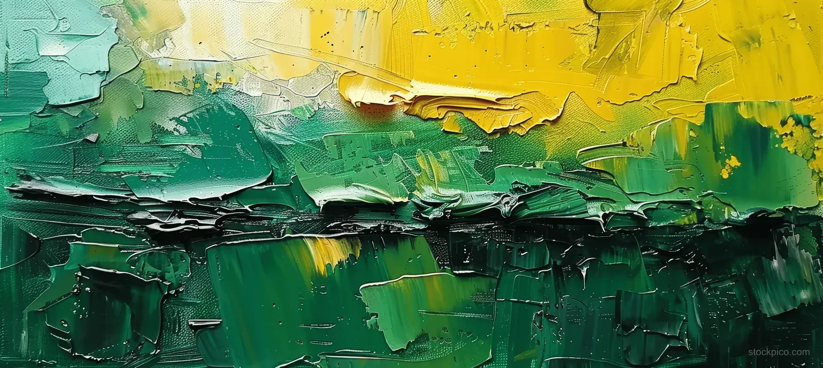 Close-up of an abstract green and yellow oil painting with textured brushstrokes and palette-knife ridges on canvas.