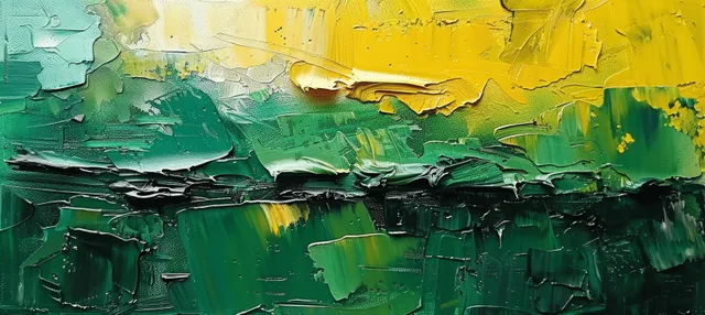 Close-up of an abstract green and yellow oil painting with textured brushstrokes and palette-knife ridges on canvas.