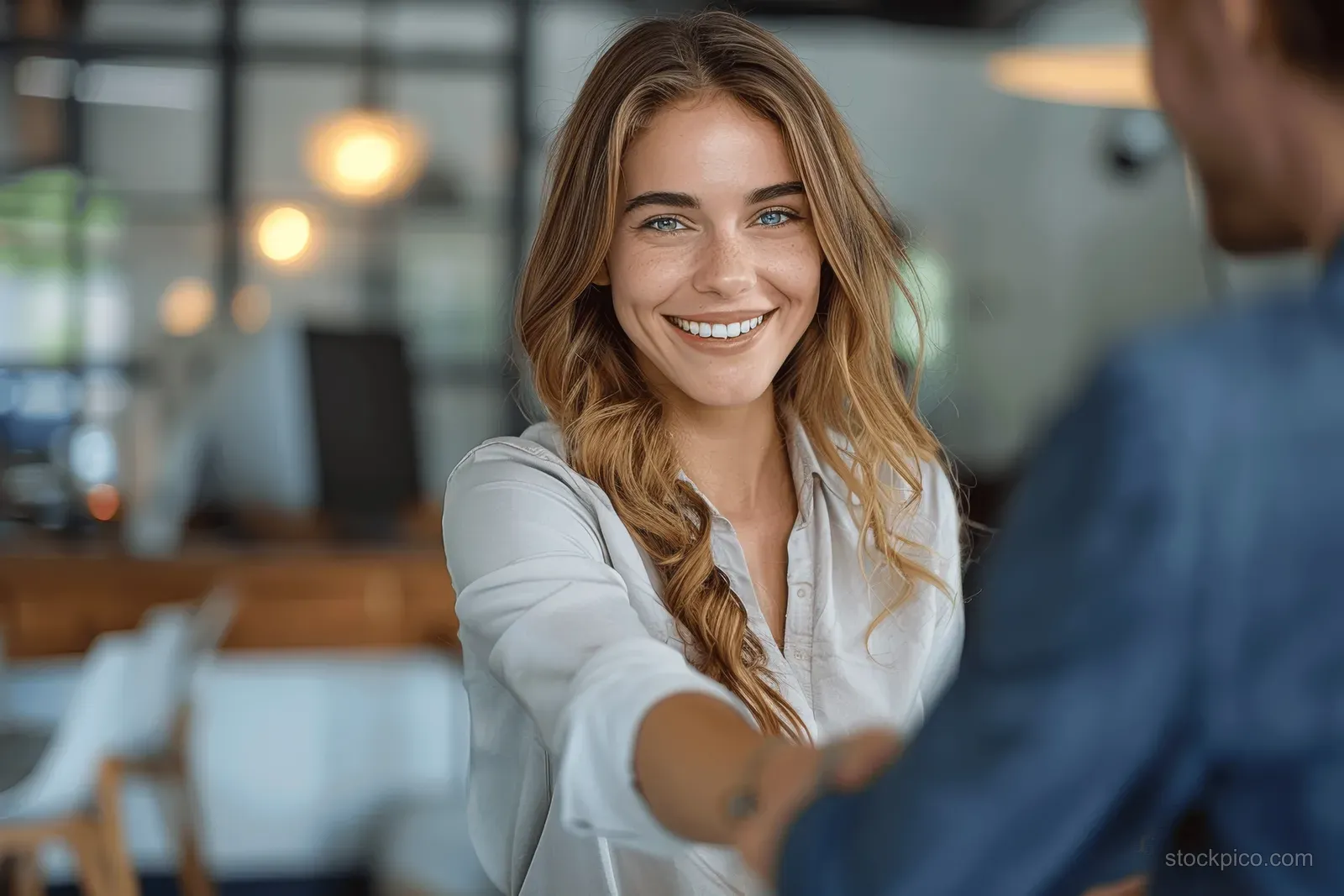 Smiling businesswoman greets a coworker with a handshake in a modern office meeting space.