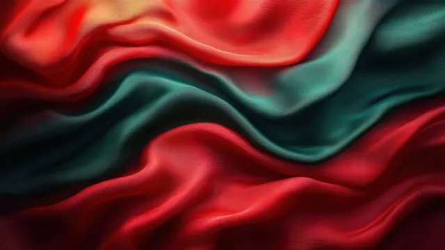Primer plano de pliegues de tela de seda ondulada roja y verde oscuro con reflejos brillantes y remolinos fluidos.