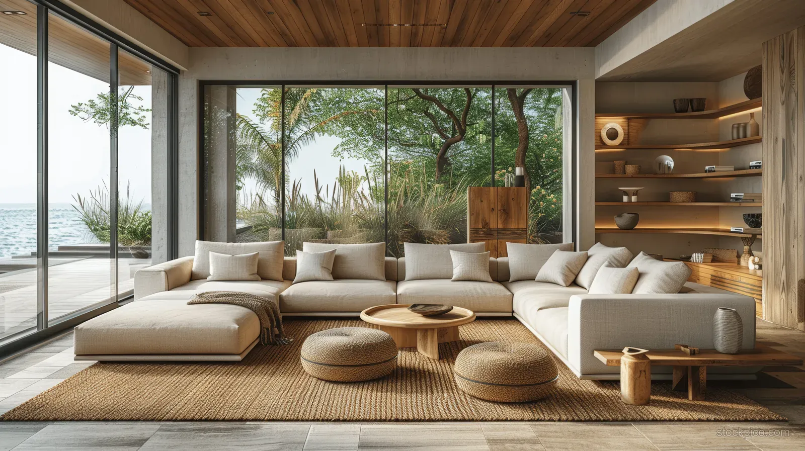 Beige sectional seating and ottomans in a Japandi living room with sea view through large windows.