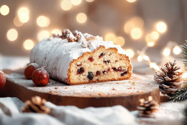 Holiday fruit cake slice dusted with powdered sugar on a wooden board beside pine cones and warm bokeh lights.