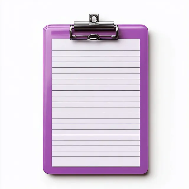 Purple clipboard holding a blank lined white paper sheet isolated on a white background.