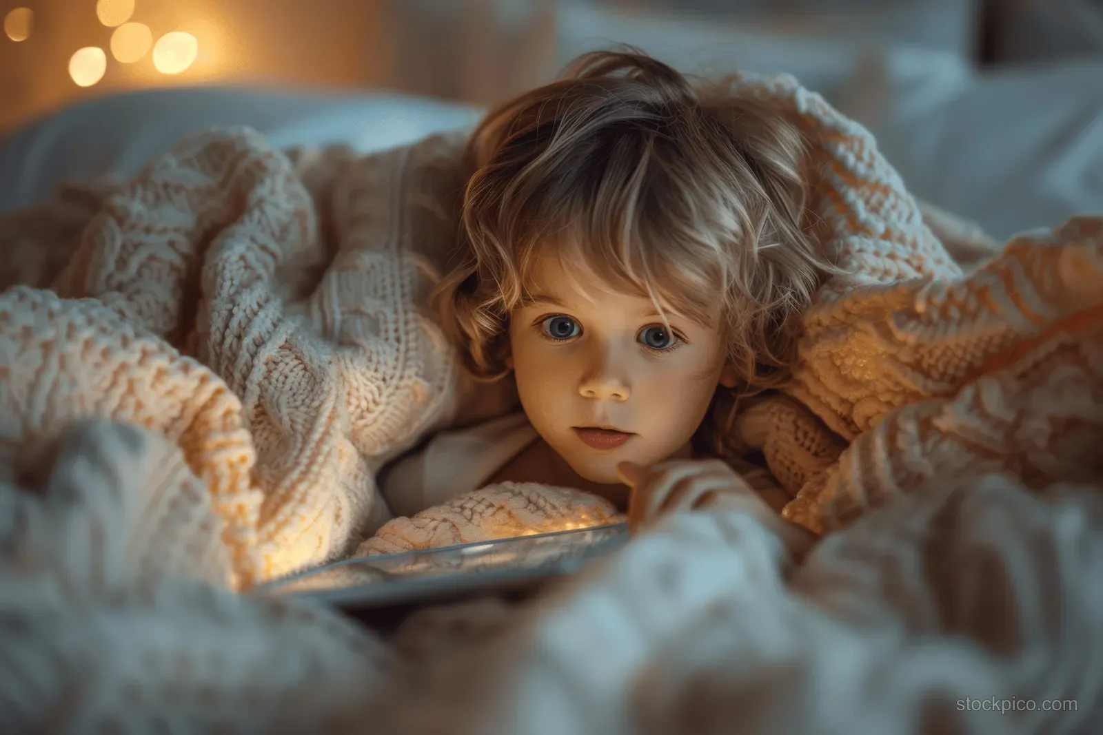 A young boy lies under a blanket in bed at night, using a tablet with the screen lighting his face and eyes.