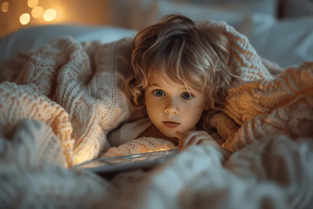 A young boy lies under a blanket in bed at night, using a tablet with the screen lighting his face and eyes.