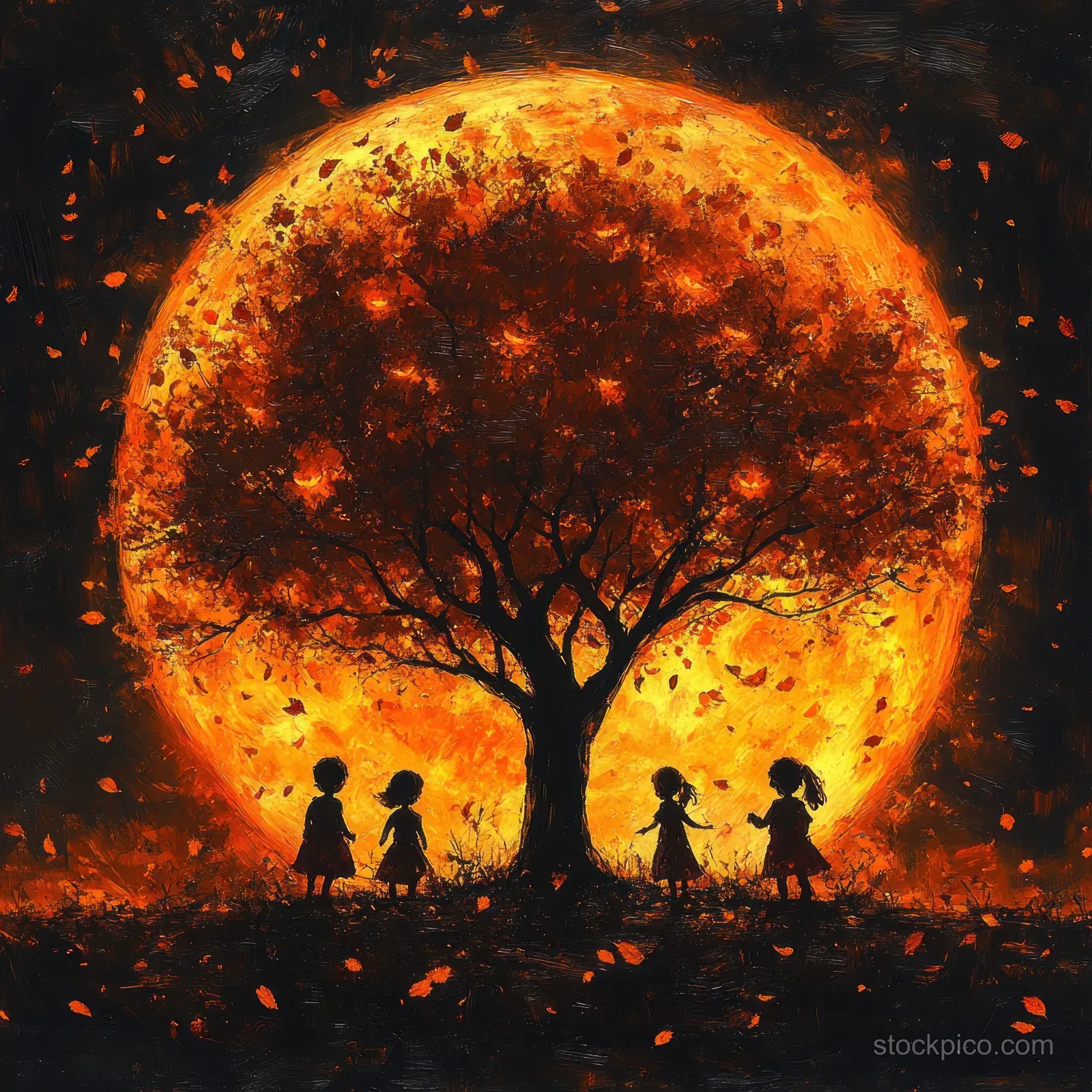 Silhouette people sit and stand under a glowing full moon with sparks and a central tree in warm night light.