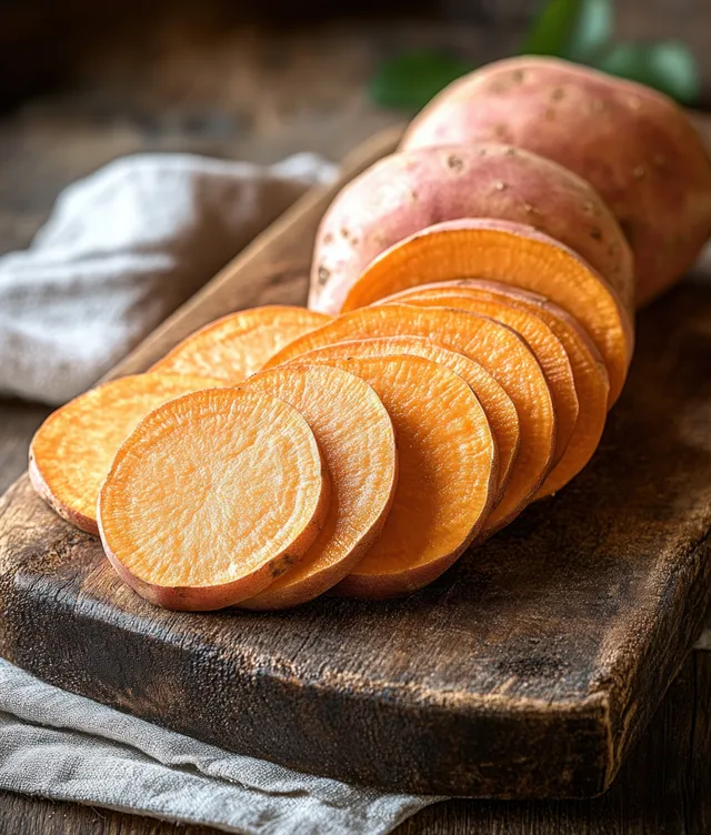 Freshly sliced sweet potato rounds are stacked on a rustic wooden cutting board with whole sweet potatoes behind.