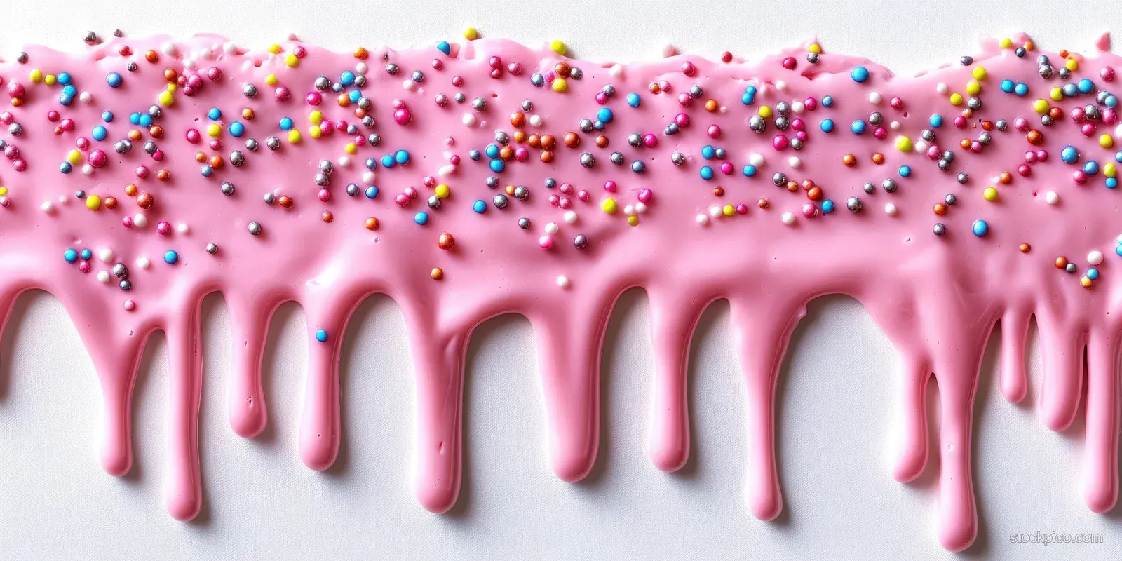 Pink icing drips down with colorful round sprinkles on a white background.