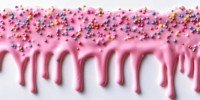 Pink icing drips down with colorful round sprinkles on a white background.