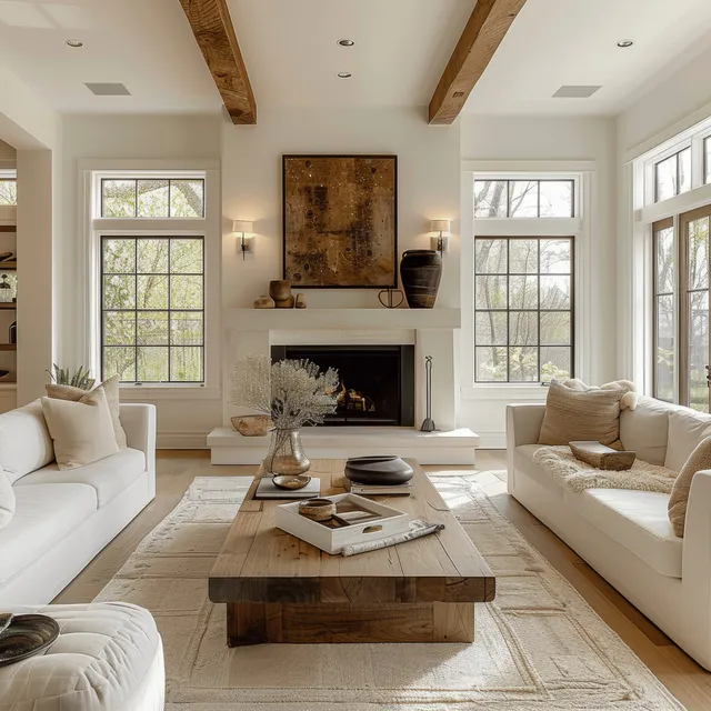 Bright modern farmhouse living room with white walls, sofas, a wooden coffee table, and a fireplace under wall-mounted decor.