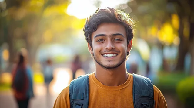 Smiling young man wearing a backpack outdoors with warm sunlight and blurred people and trees in the background.