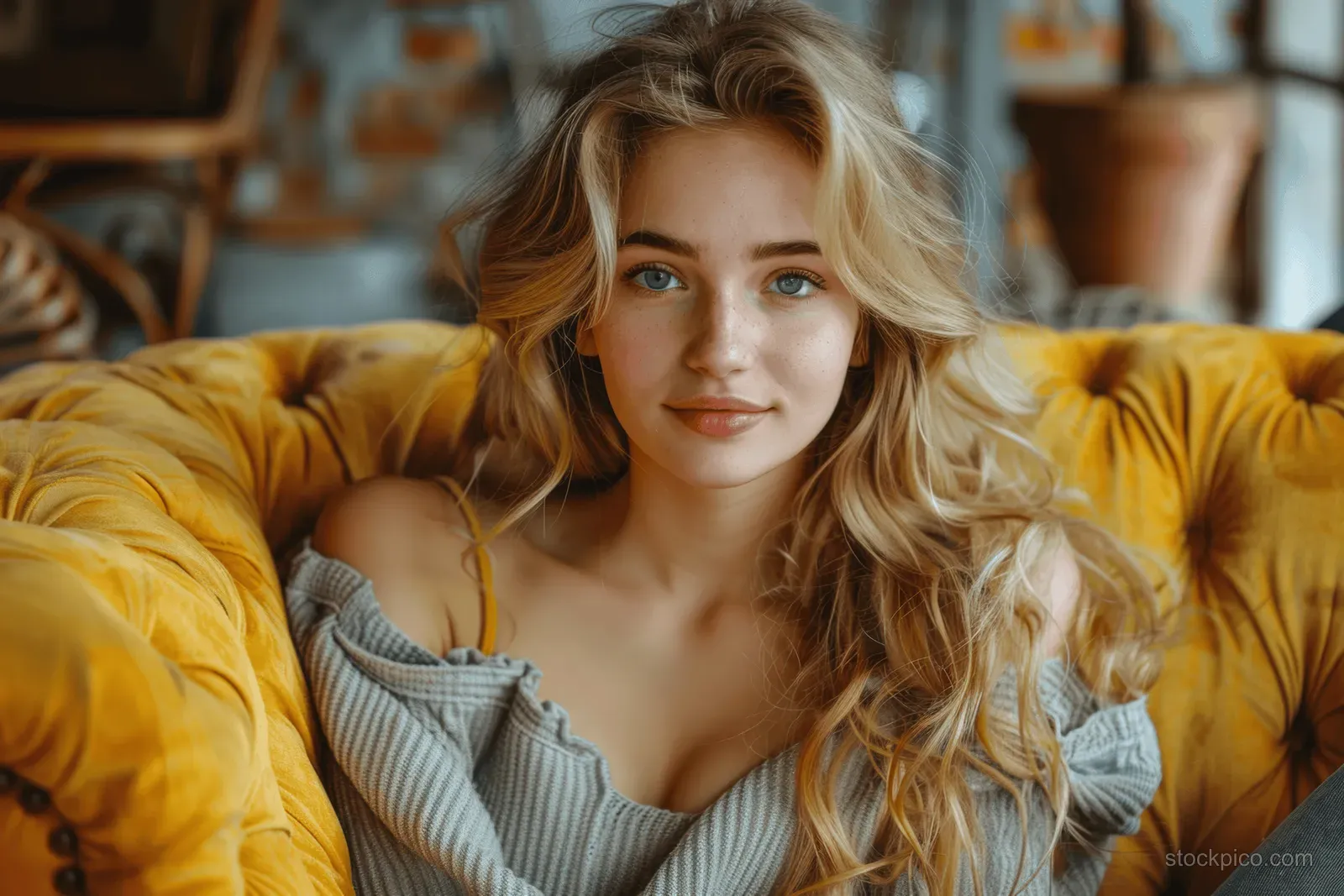 A blonde woman sits on a yellow sofa reading a book in a bright modern living room.