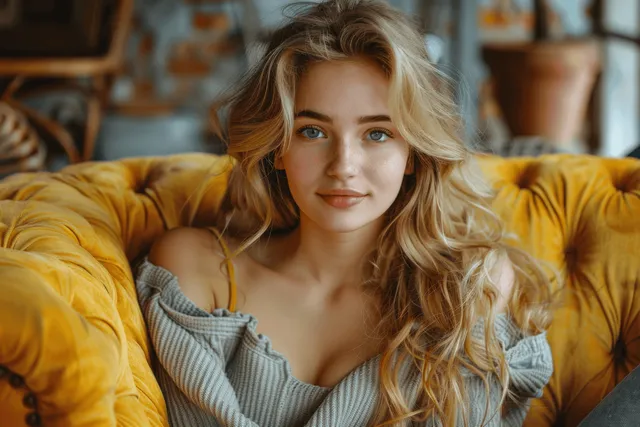 A blonde woman sits on a yellow sofa reading a book in a bright modern living room.