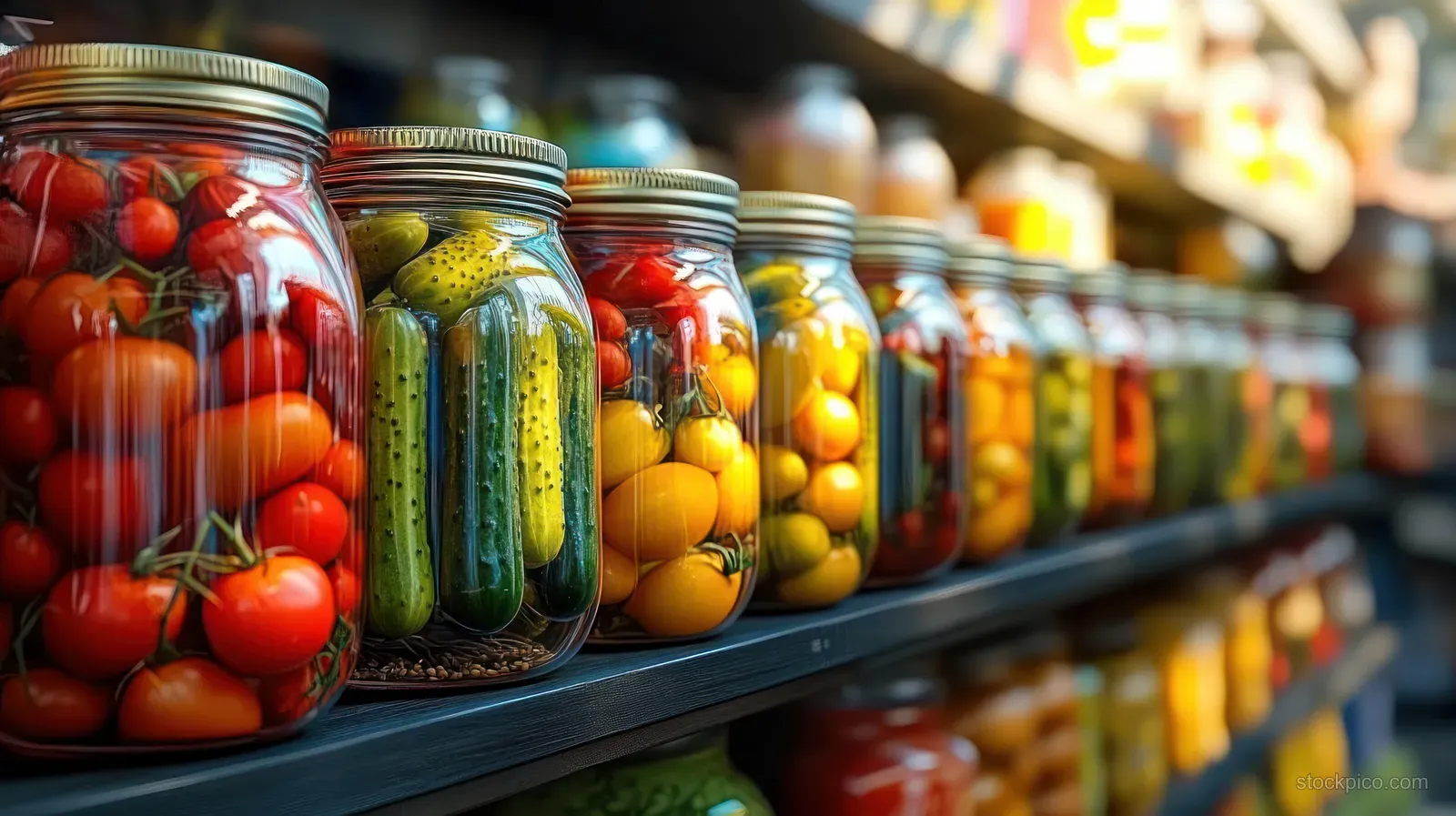 Glass jars of pickled cucumbers and tomatoes sit in a row on a pantry shelf with warm indoor lighting.