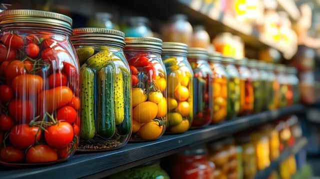 Glass jars of pickled cucumbers and tomatoes lined on a pantry shelf under warm lighting