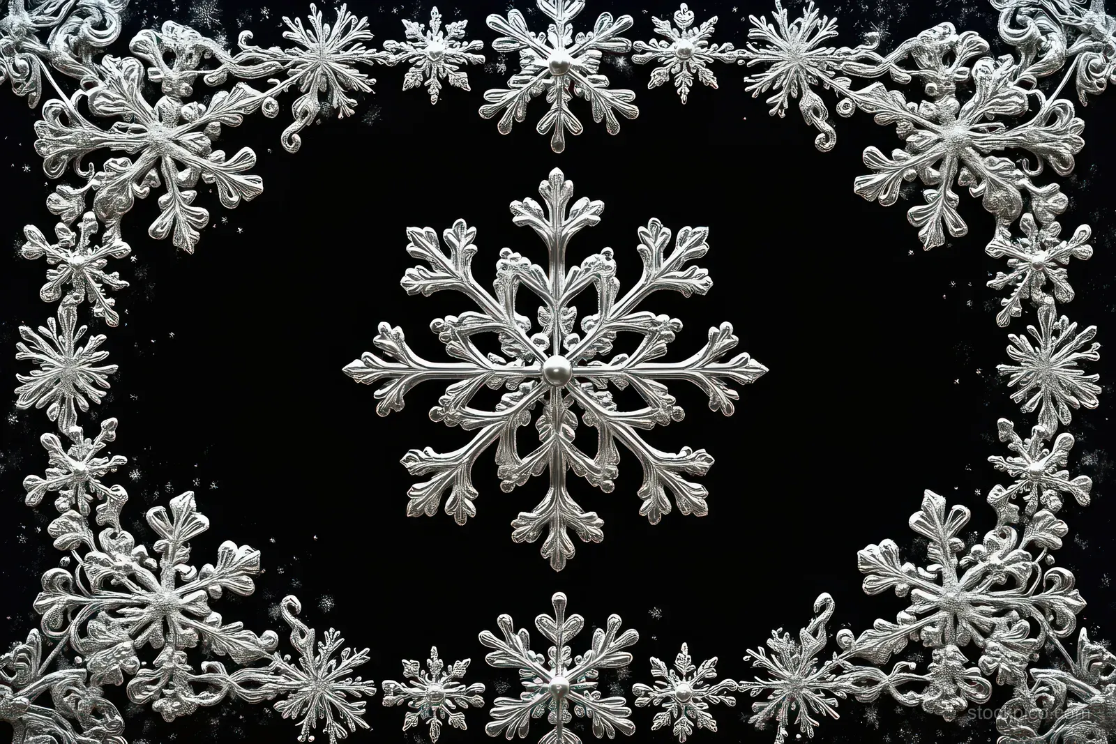 Intricate silver snowflake ornaments arranged in a circular wreath around a central snowflake on a black background.