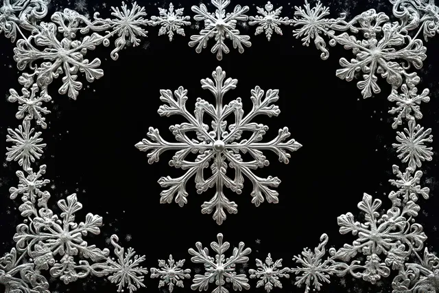 Intricate silver snowflake ornaments arranged in a circular wreath on black