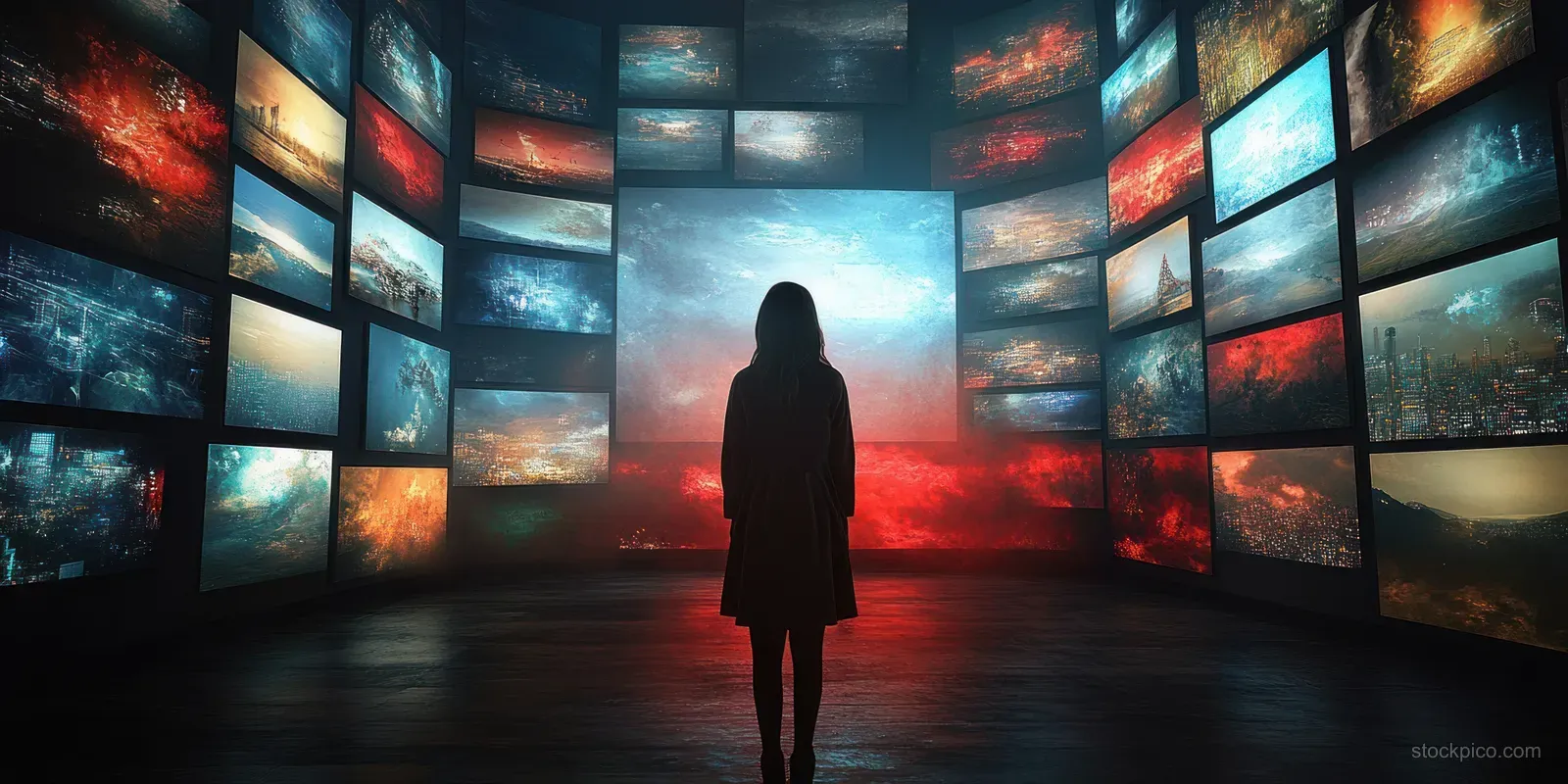 Silhouetted woman walking toward a glowing video wall of many screens in a dark digital art installation.