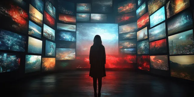 Silhouetted woman walking toward a glowing video wall of many screens in a dark digital art installation.