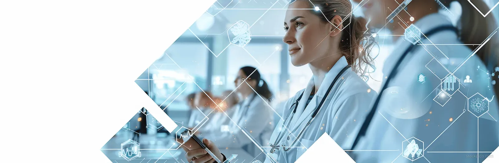 Doctors and nurses in a hospital clinic with digital health technology overlays in the background.