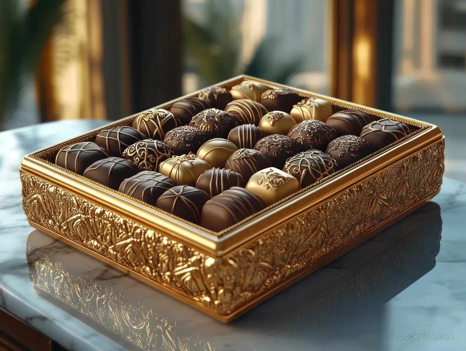 Ornate golden box filled with assorted chocolates on a reflective marble surface in warm indoor light