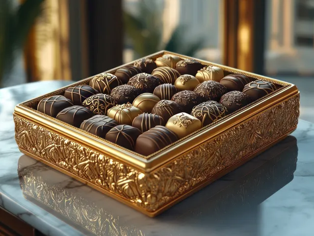 Ornate golden box filled with assorted chocolates on a reflective marble surface in warm indoor light