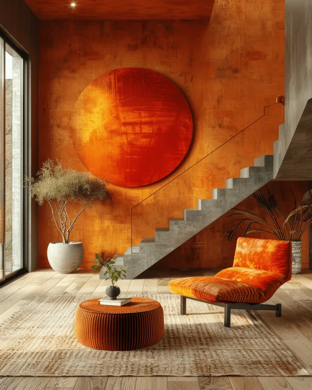 Warm minimalist living room showing a modern staircase, orange-red accent wall art circle, and terracotta seating.